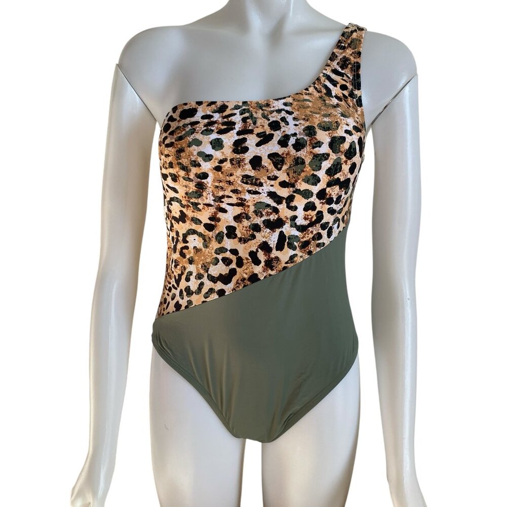 Mynah women's size medium one piece cheetah one shoulder swimsuit summer swim